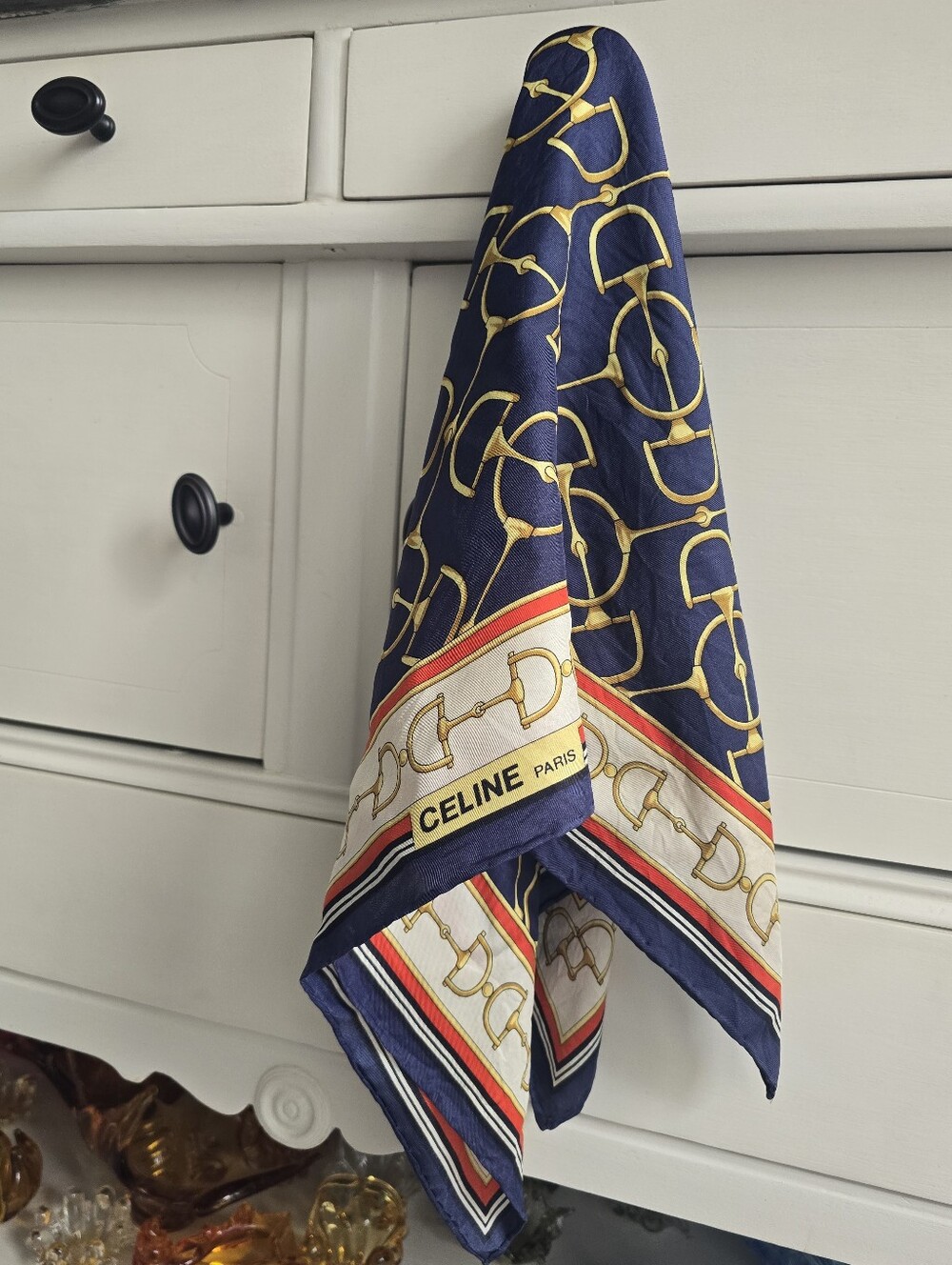 Celine Paris Navy, Gold & Red Horsebit Silk Scarf